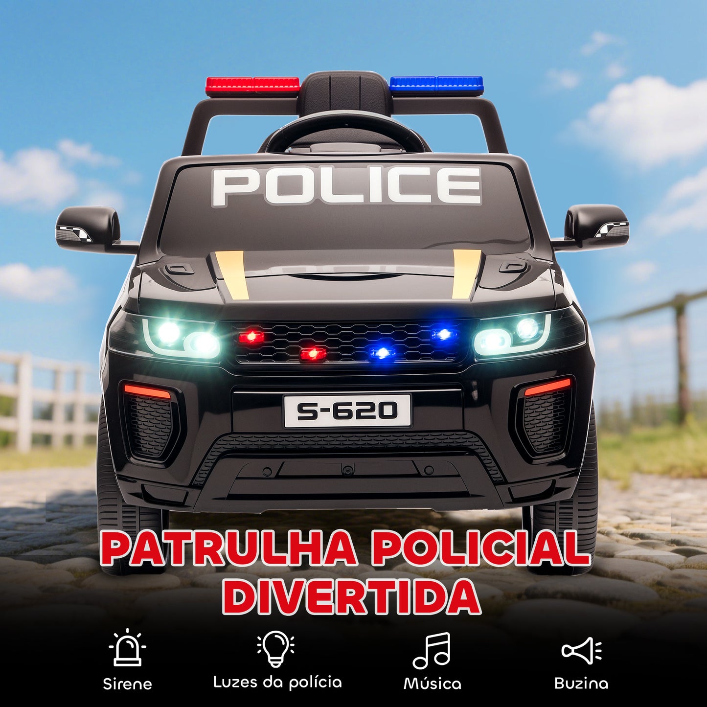 Carro Elétrico Infantil de Polícia 12V com Motor Duplo