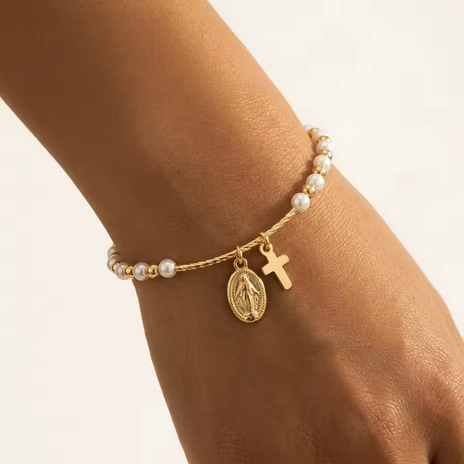 Pulseira Cruz e Medalha de Nossa Senhora – Contas Efeito Pérola