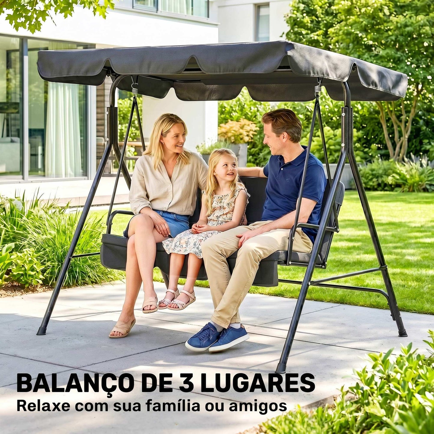 Baloiço de Jardim de 3 Lugares com Almofada Preto