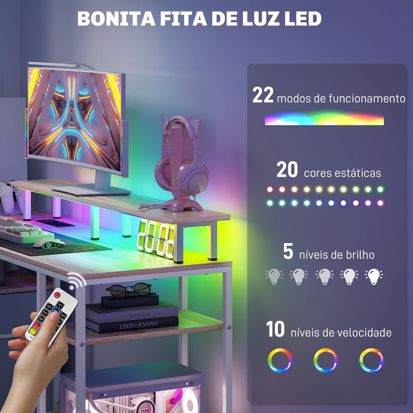 Secretária com Luzes LED e Portas USB