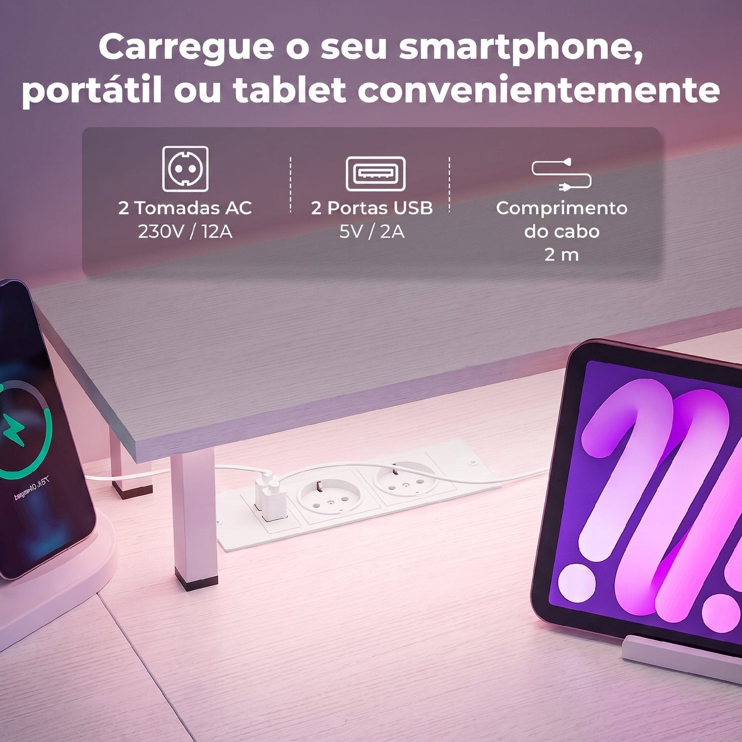 Secretária com Luzes LED e Portas USB