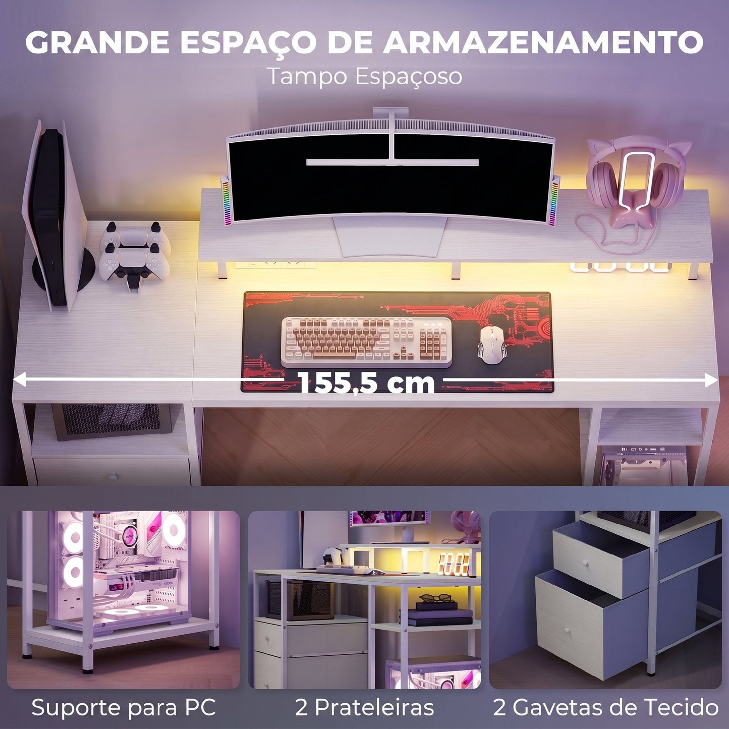 Secretária com Luzes LED e Portas USB