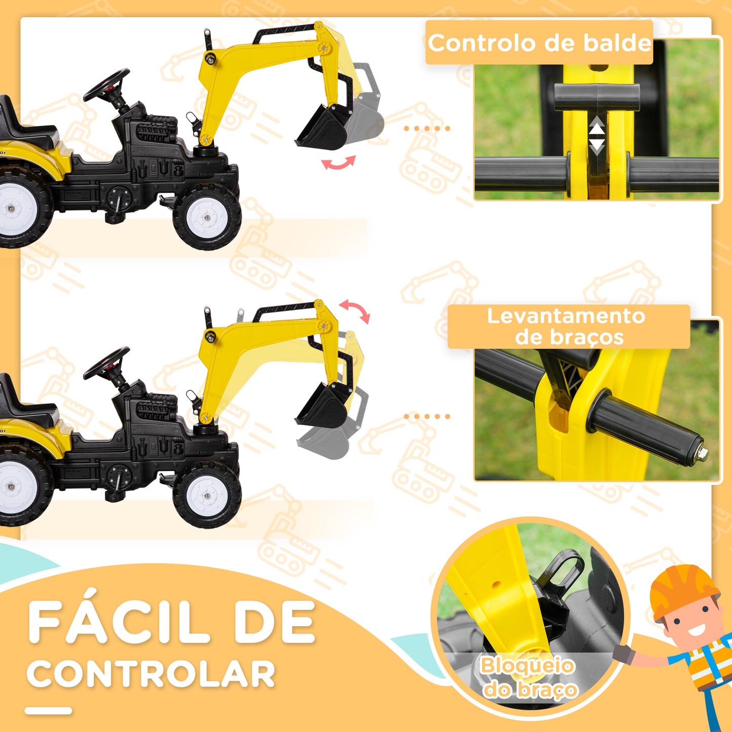 Trator a Pedais Infantil Escavadora com Pá Dianteira