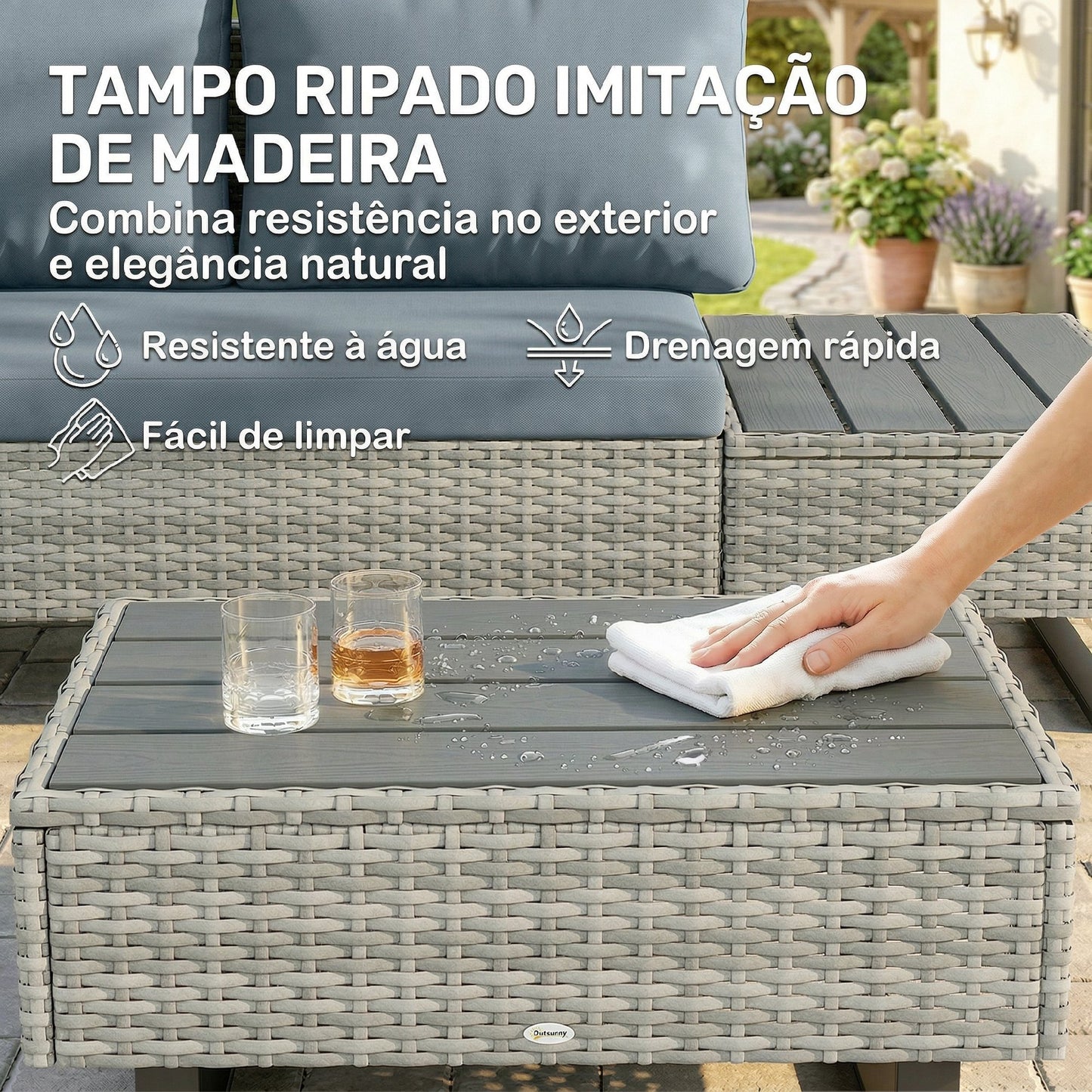 Conjunto de Jardim em Vime PE de 3 Peças com Encosto Ajustável