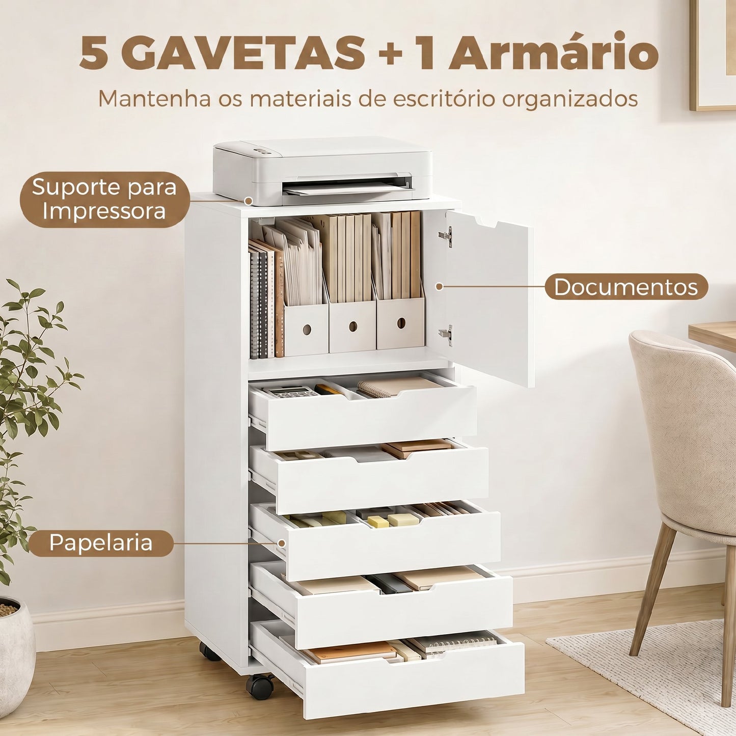 Gaveteira de Escritório com 5 Gavetas e Fecho Suave