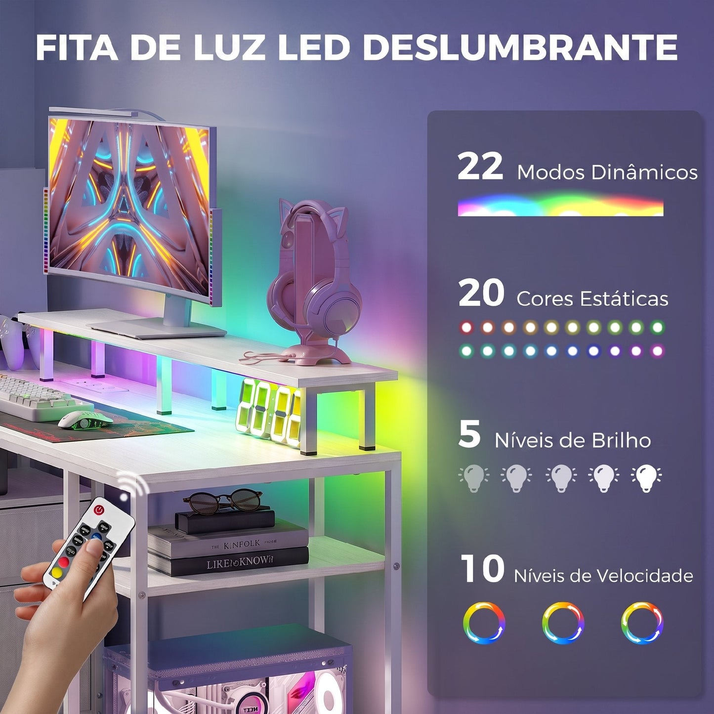 Secretária com Luzes LED e Portas USB