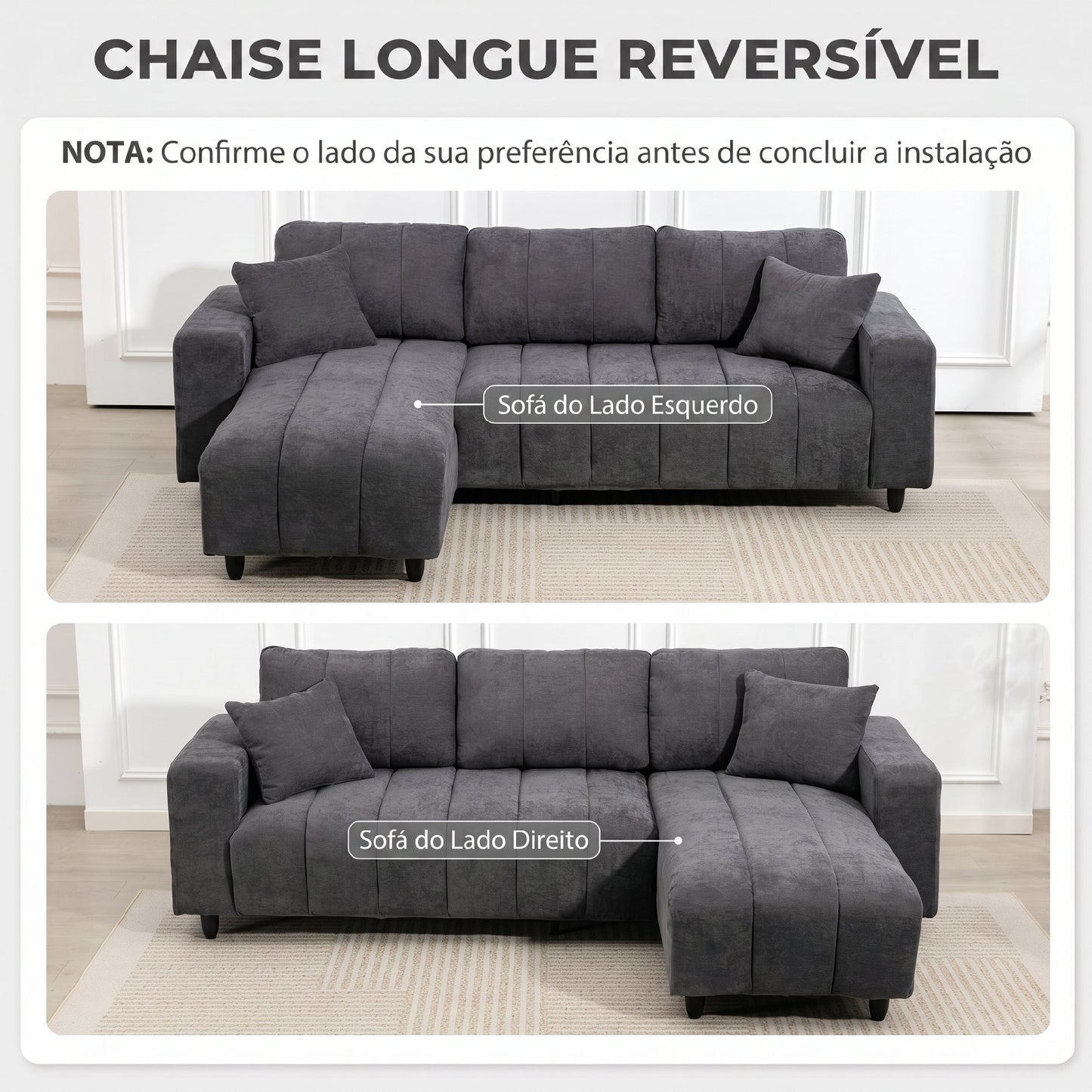 Sofá Chaise Longue Reversível de 3 Lugares Cinzento Escuro
