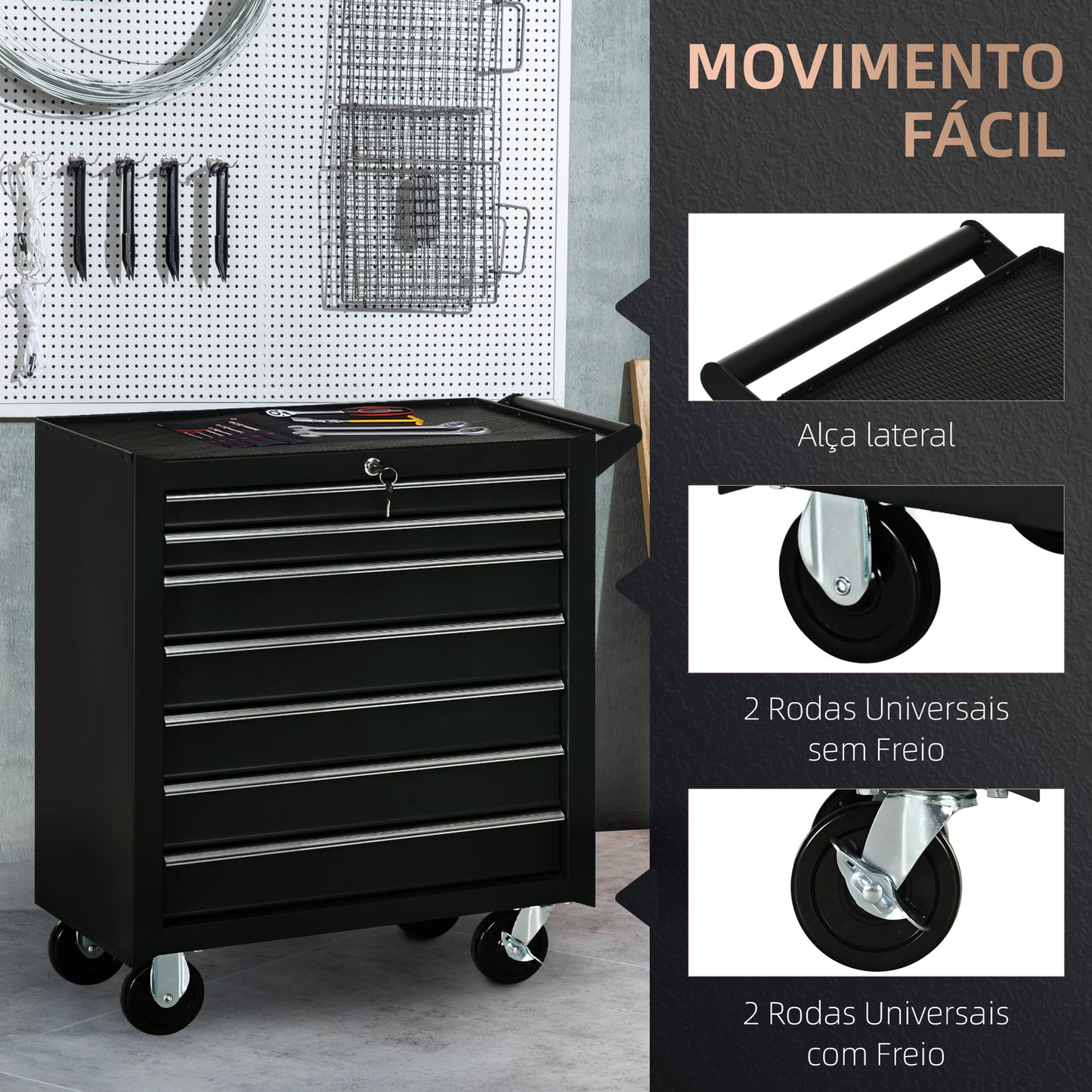 Carrinho de Ferramentas com 7 Gavetas Preto