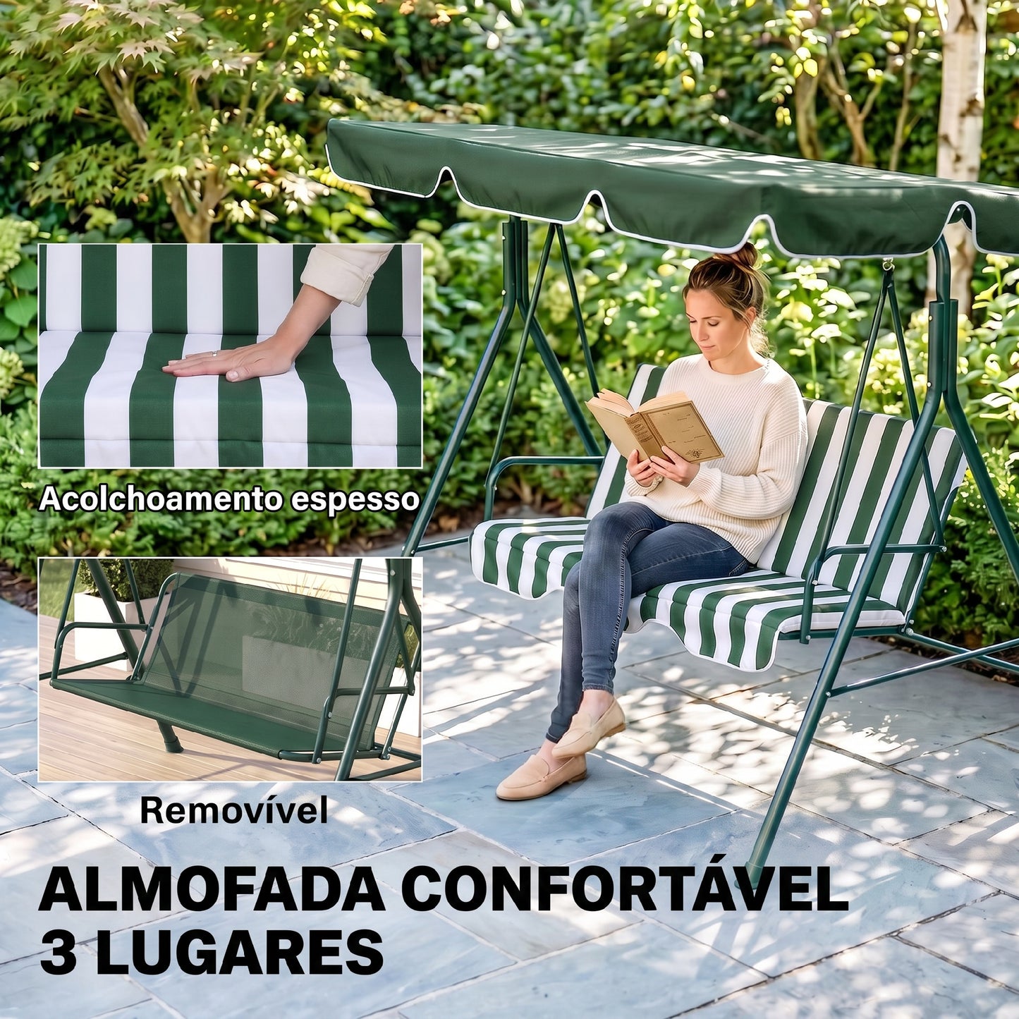 Baloiço de Jardim de 3 Lugares com Almofada Verde