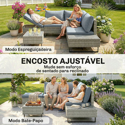 Conjunto de Jardim em Vime PE de 3 Peças com Encosto Ajustável