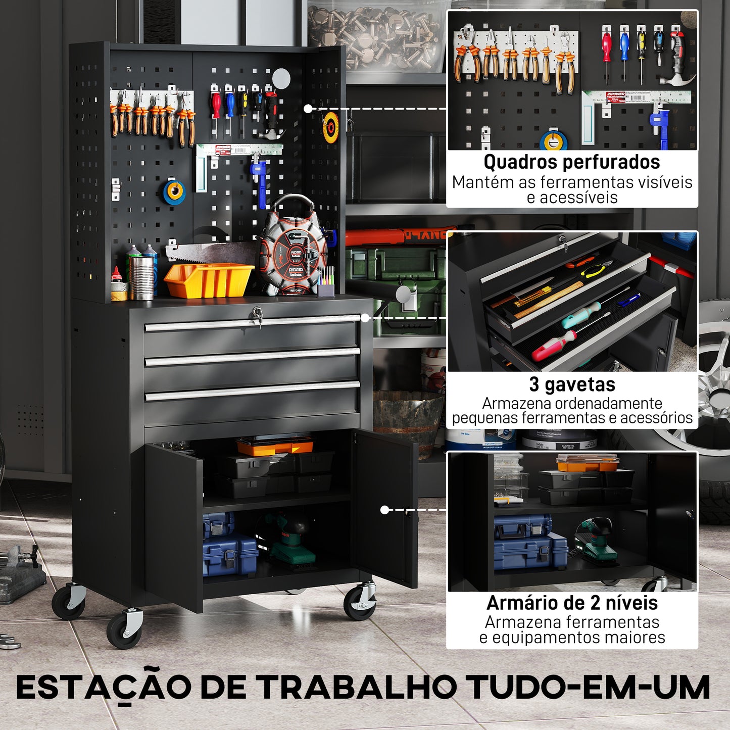 Carrinho de Ferramentas com 3 Gavetas e Painel de Perfurado