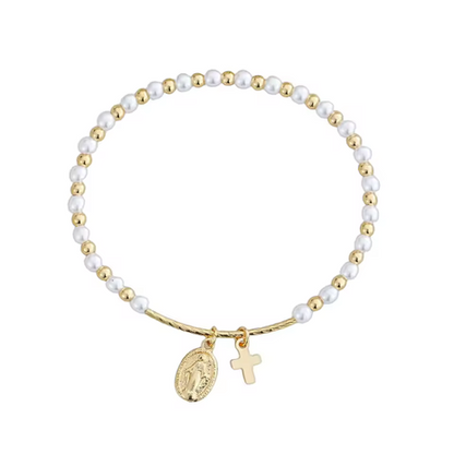 Pulseira Cruz e Medalha de Nossa Senhora – Contas Efeito Pérola