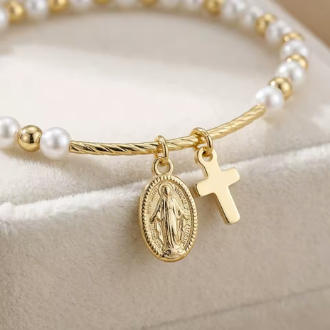 Pulseira Cruz e Medalha de Nossa Senhora – Contas Efeito Pérola
