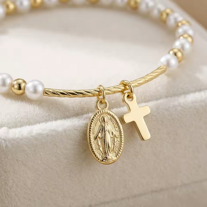 Pulseira Cruz e Medalha de Nossa Senhora – Contas Efeito Pérola