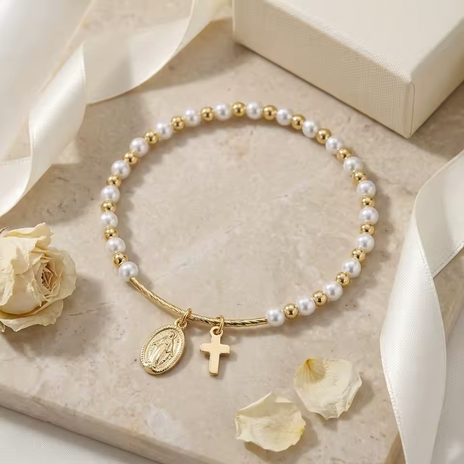 Pulseira Cruz e Medalha de Nossa Senhora – Contas Efeito Pérola