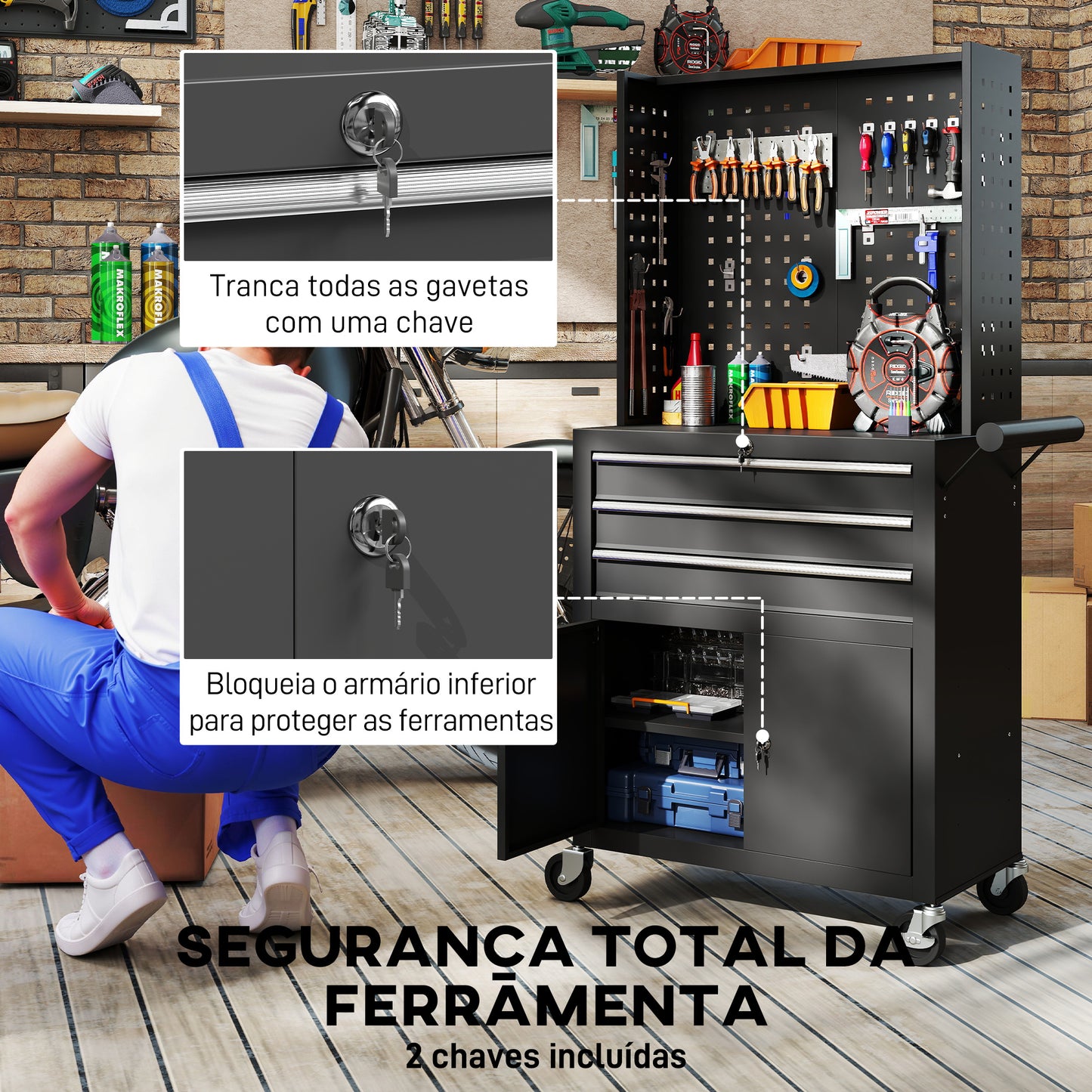 Carrinho de Ferramentas com 3 Gavetas e Painel de Perfurado