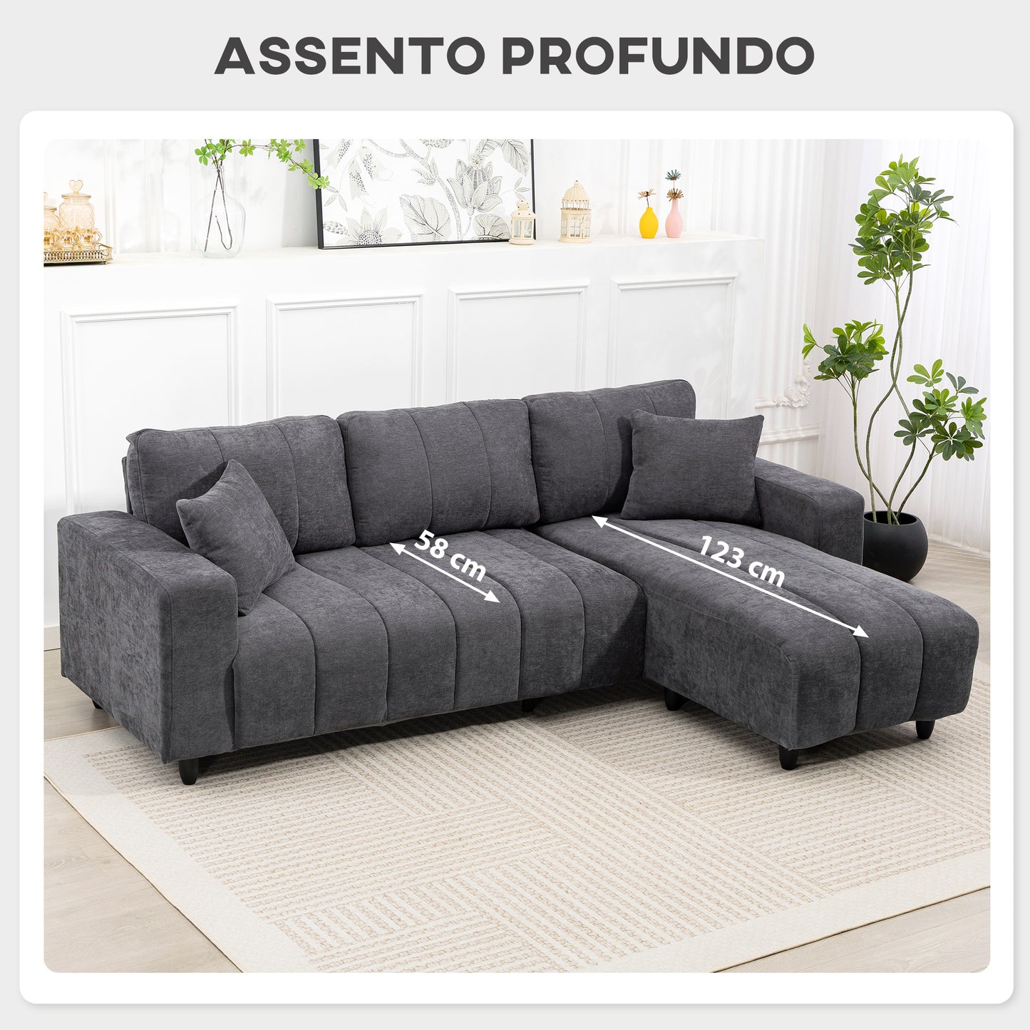 Sofá Chaise Longue Reversível de 3 Lugares Cinzento Escuro