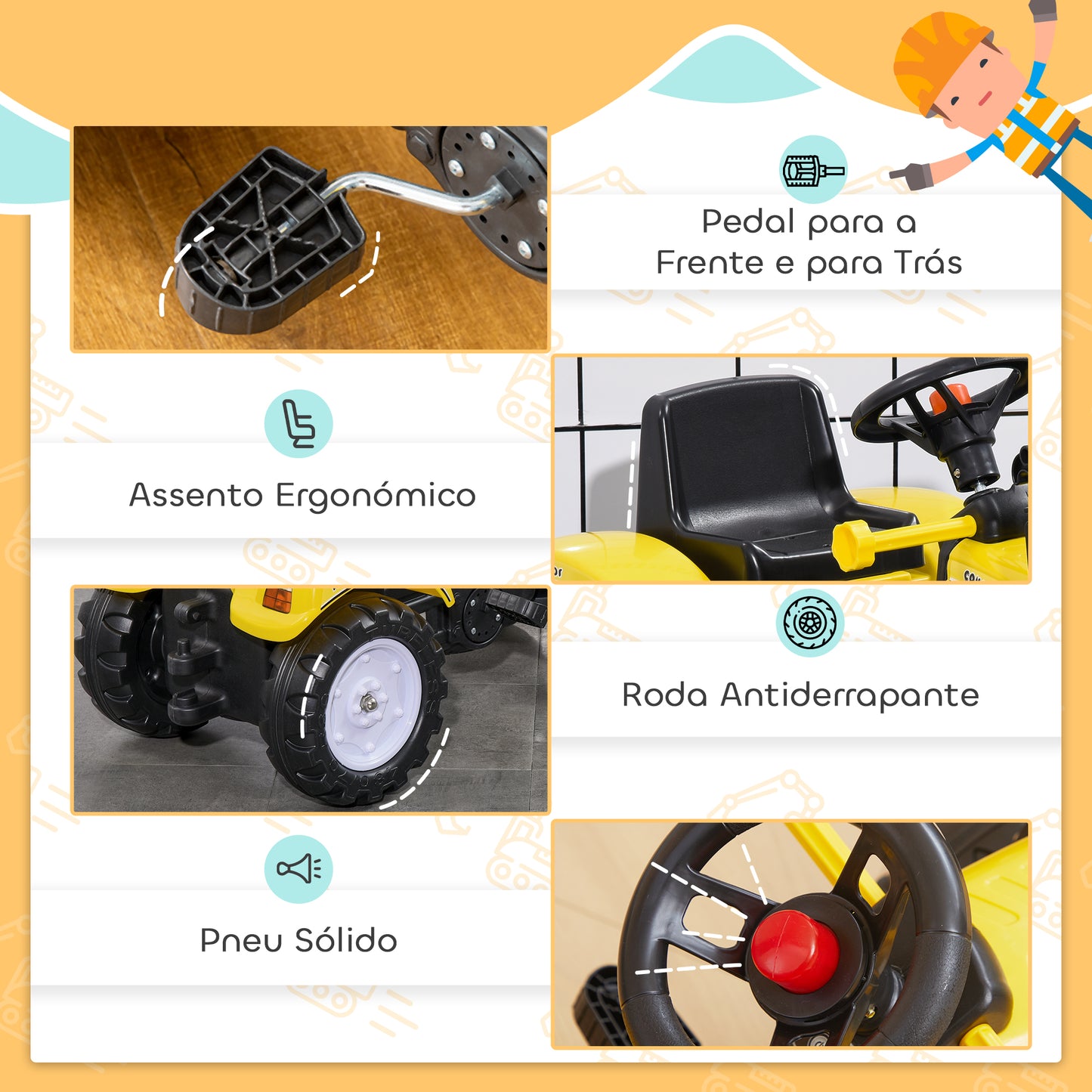 Trator a Pedais Infantil Escavadora com Pá Dianteira