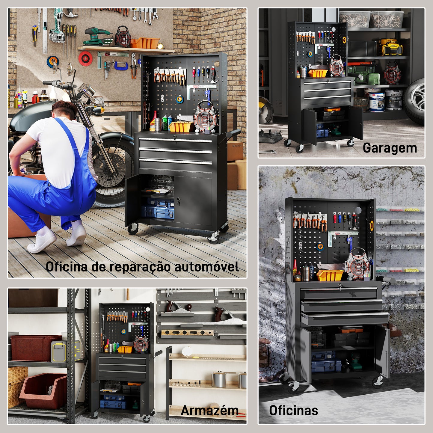 Carrinho de Ferramentas com 3 Gavetas e Painel de Perfurado