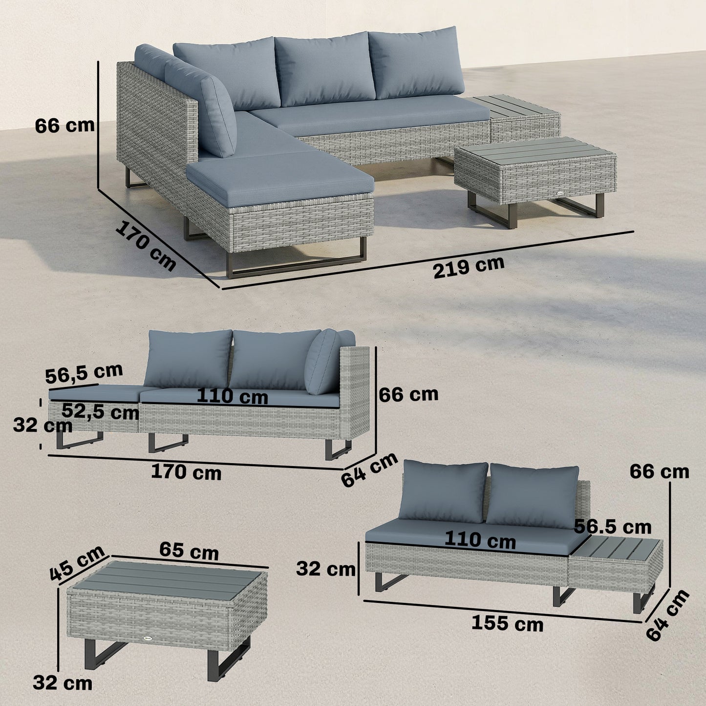 Conjunto de Jardim em Vime PE de 3 Peças com Encosto Ajustável