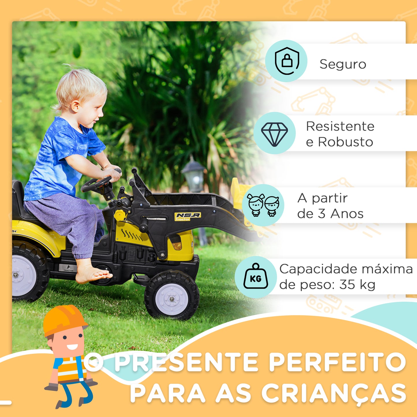 Trator a Pedais Infantil Escavadora com Pá Dianteira