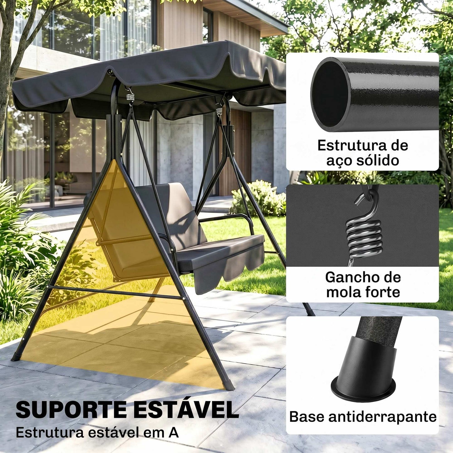 Baloiço de Jardim de 3 Lugares com Almofada Preto
