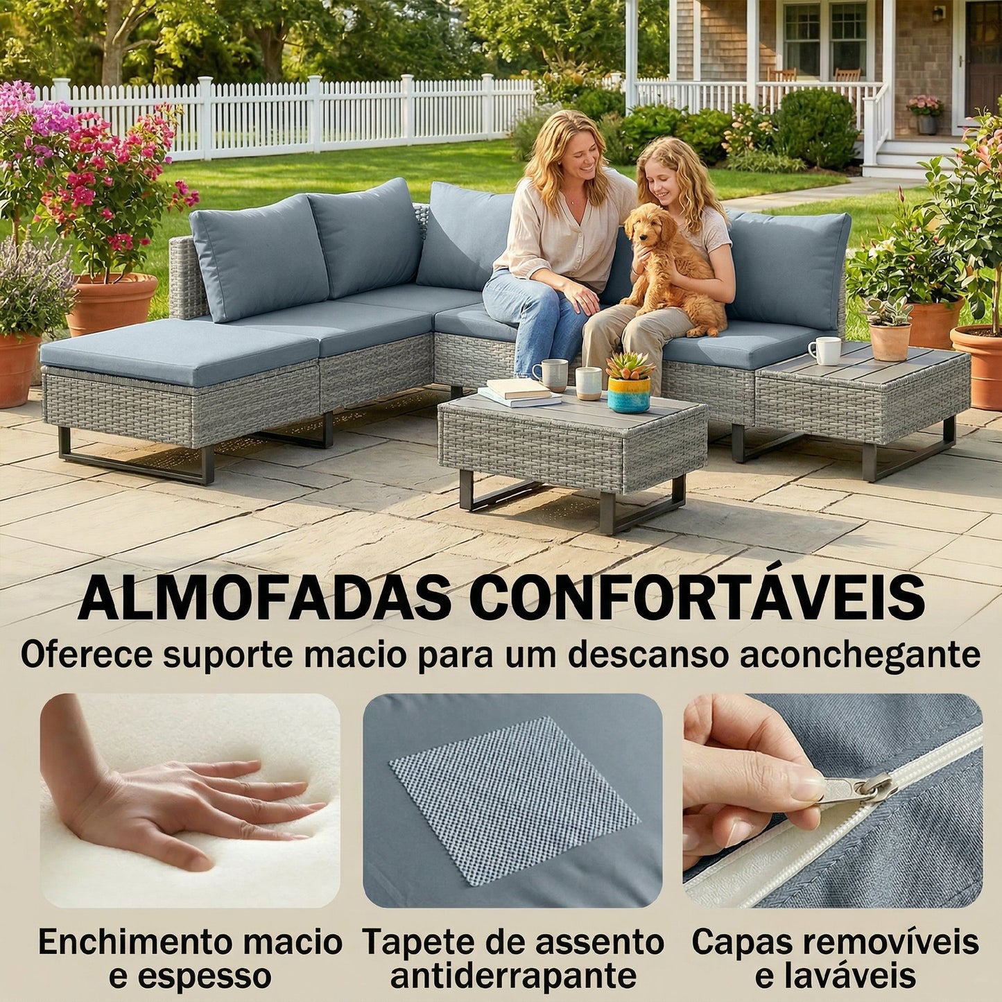 Conjunto de Jardim em Vime PE de 3 Peças com Encosto Ajustável