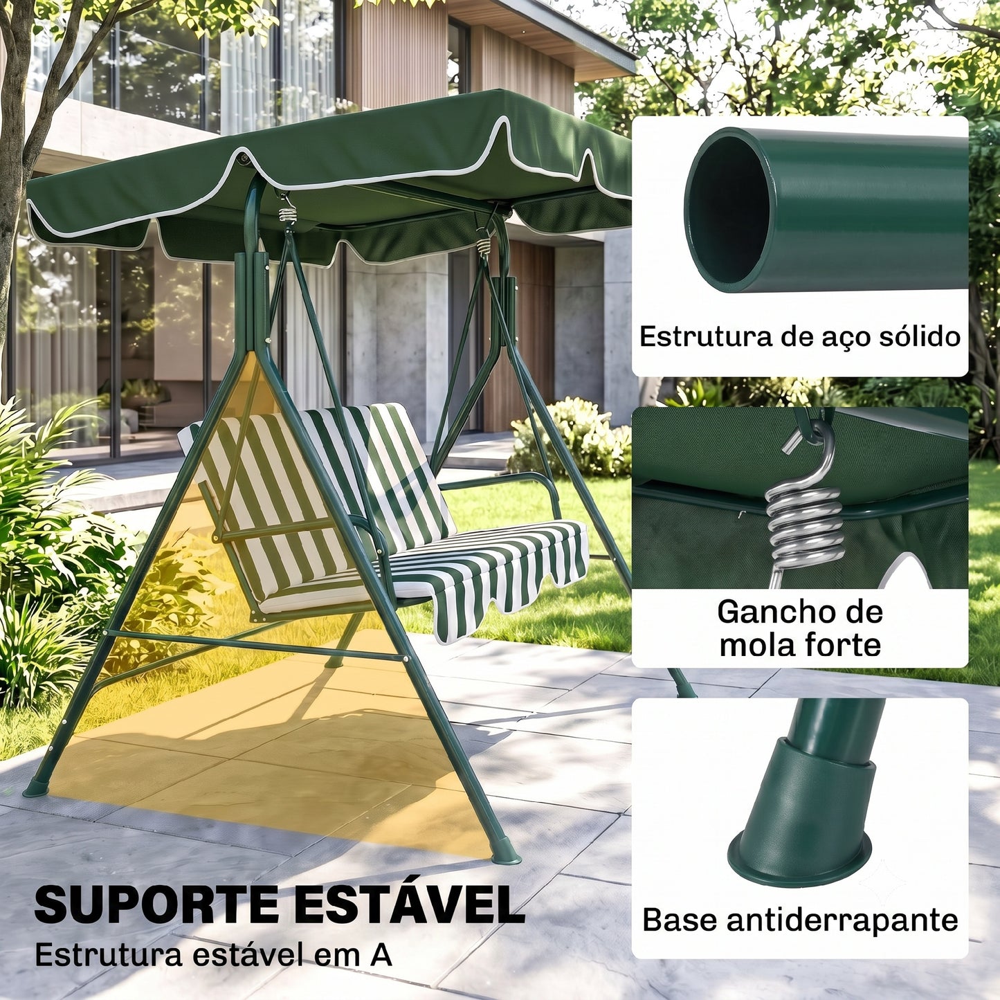 Baloiço de Jardim de 3 Lugares com Almofada Verde