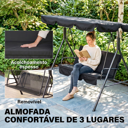 Baloiço de Jardim de 3 Lugares com Almofada Preto
