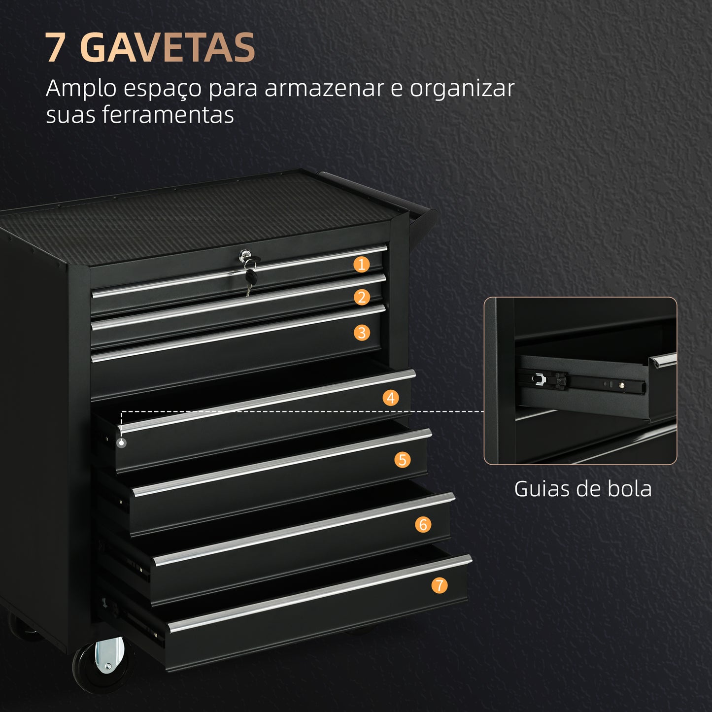 Carrinho de Ferramentas com 7 Gavetas Preto