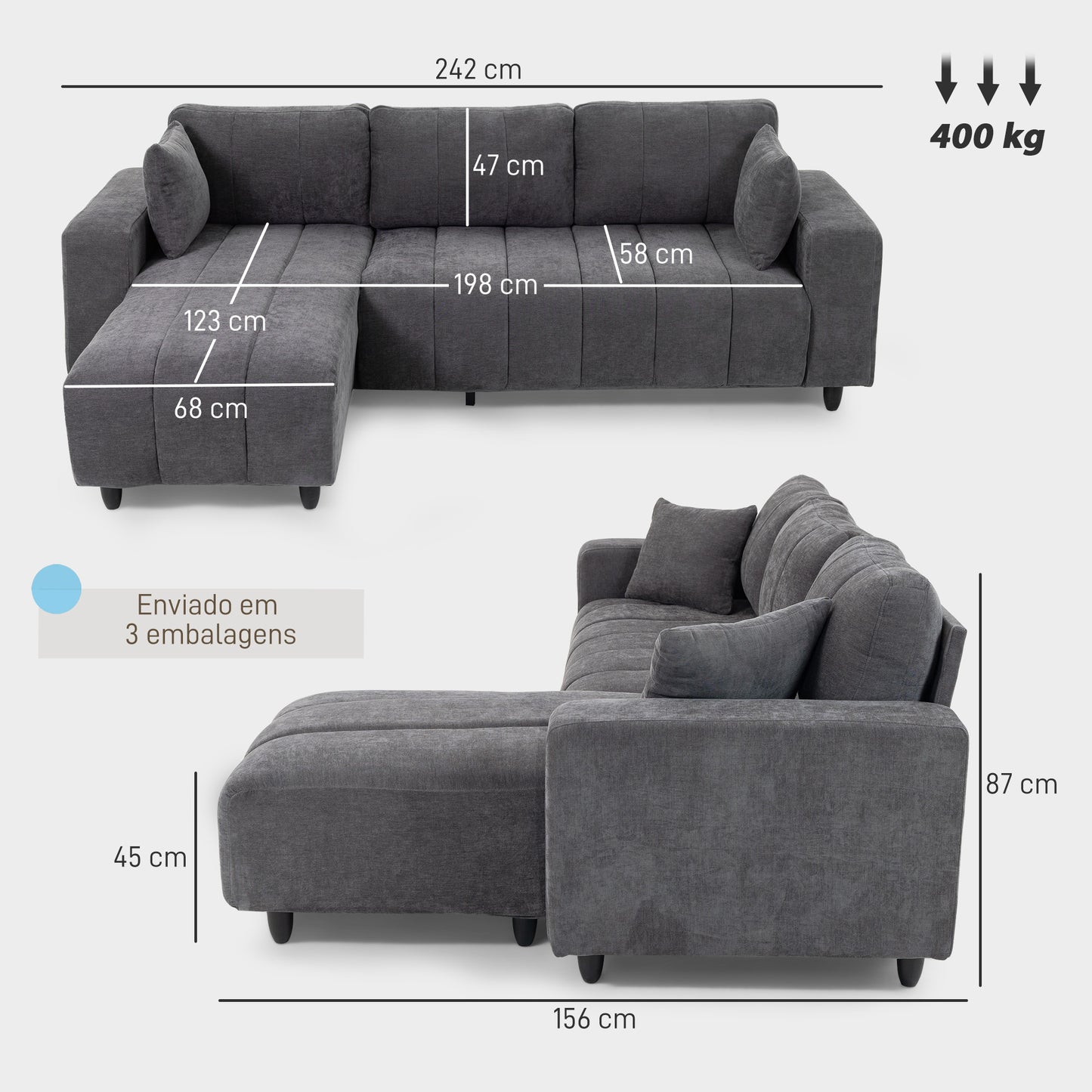Sofá Chaise Longue Reversível de 3 Lugares Cinzento Escuro