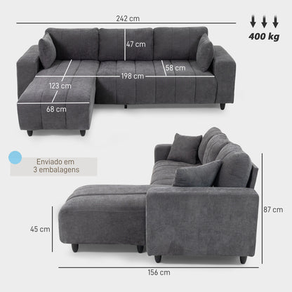 Sofá Chaise Longue Reversível de 3 Lugares Cinzento Escuro