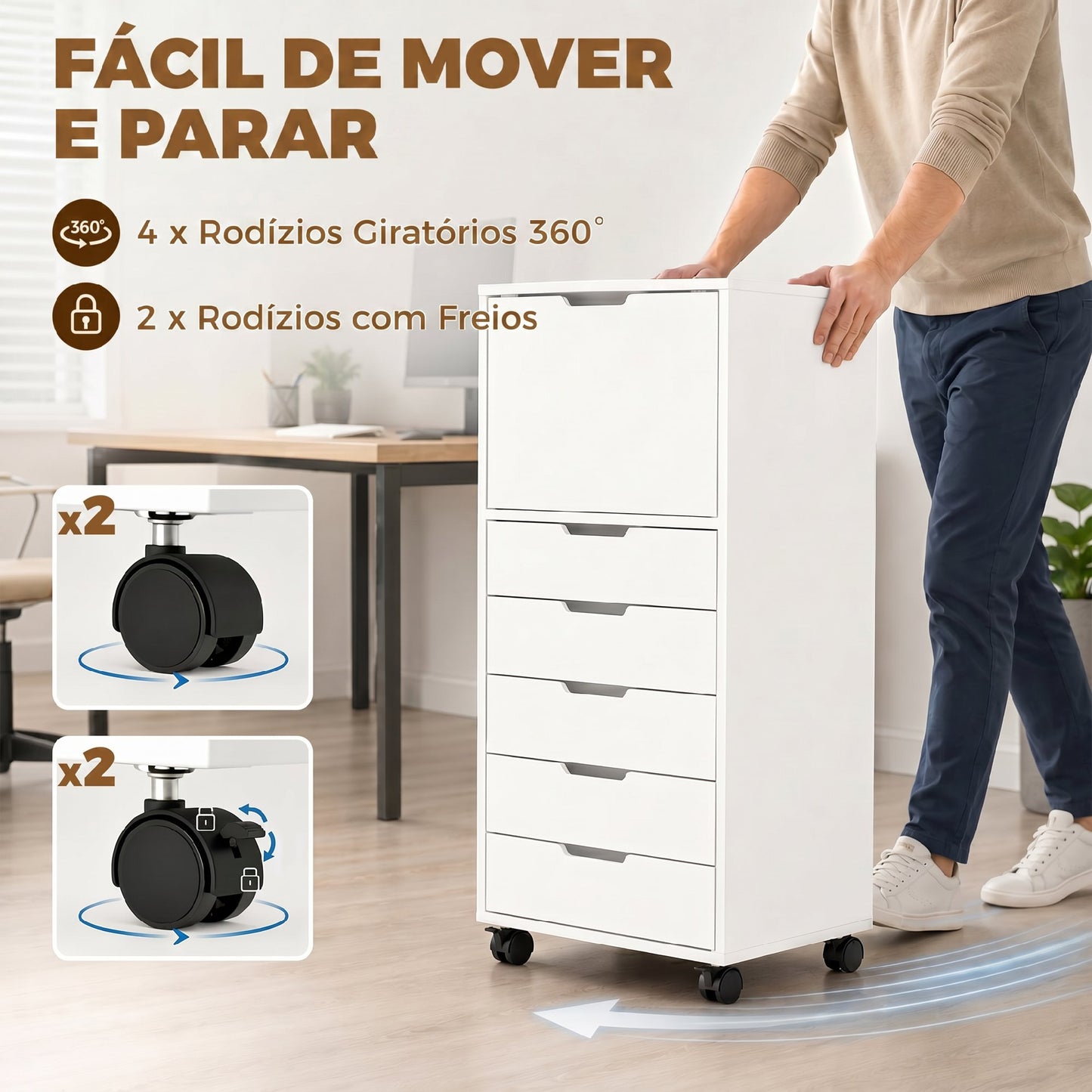Gaveteira de Escritório com 5 Gavetas e Fecho Suave