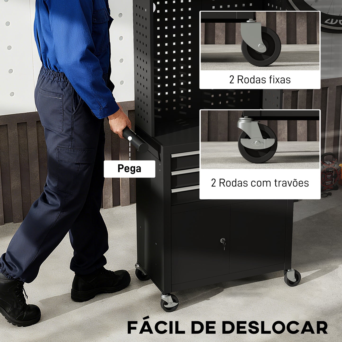 Carrinho de Ferramentas com 3 Gavetas e Painel de Perfurado